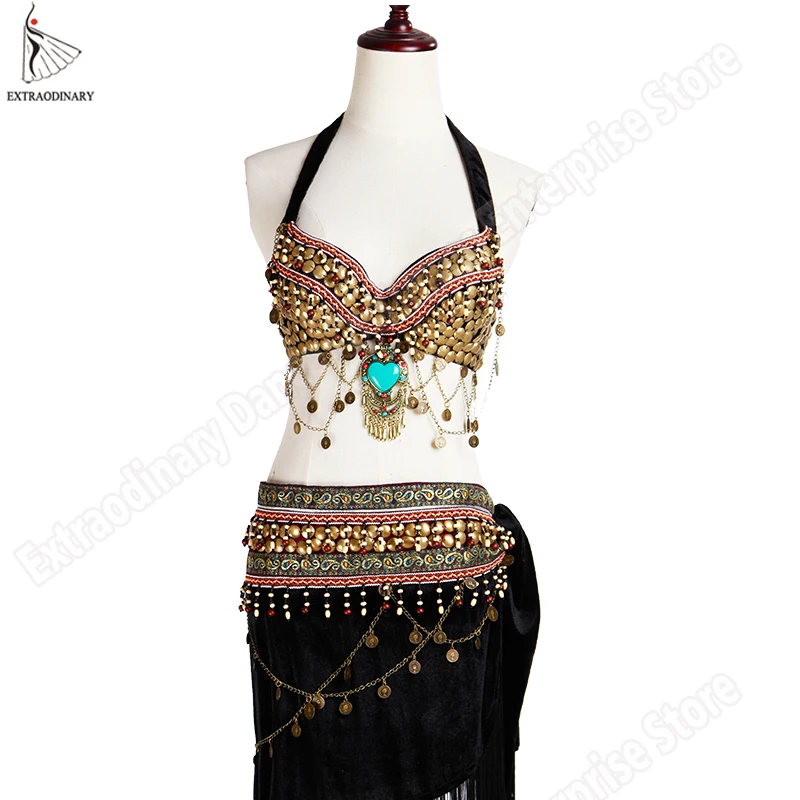 New Women ATS Tribal Belly Dance Bra Hip Scarf Costume Set Stage Performance Gypsy Top Belt Tassels 2Pcs Clothes 3 Colors