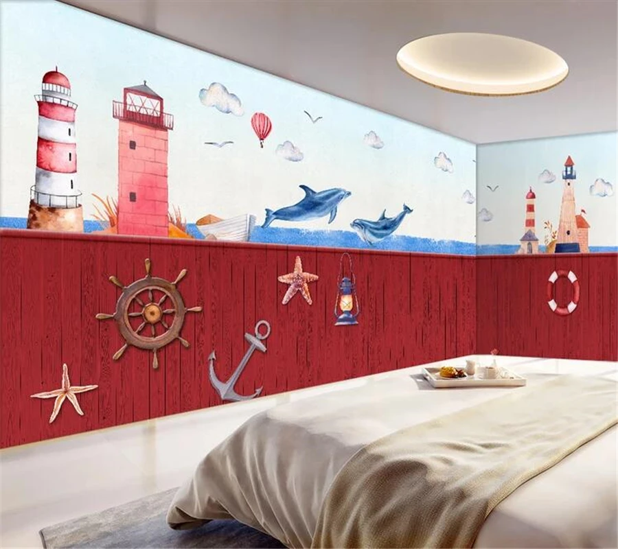 wellyu  wall papers home decor Custom wallpaper Sea lighthouse watercolor hand-painted whole house custom background wall