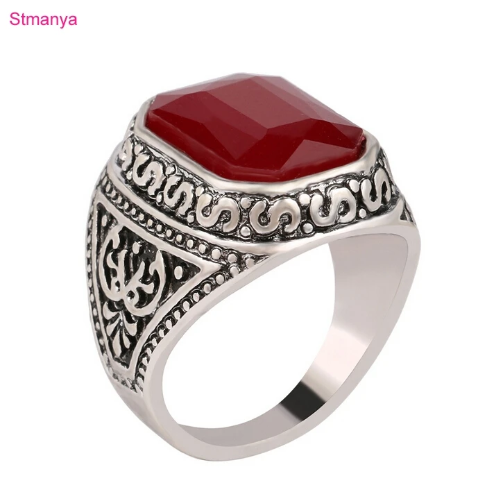 Men Rings Big Black/Red Carved Stone Antique  Plated Ring For Women Retro Texture Engraved Wholesale Lover ring #20035