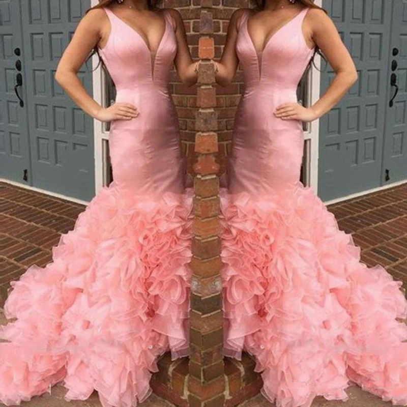 2019 Roze Organza Ruches Prom Jurken Sexy Diepe V-hals Mermaid Avondjurken Cocktail Formele Partij Jassen Goedkope Zipper Terug