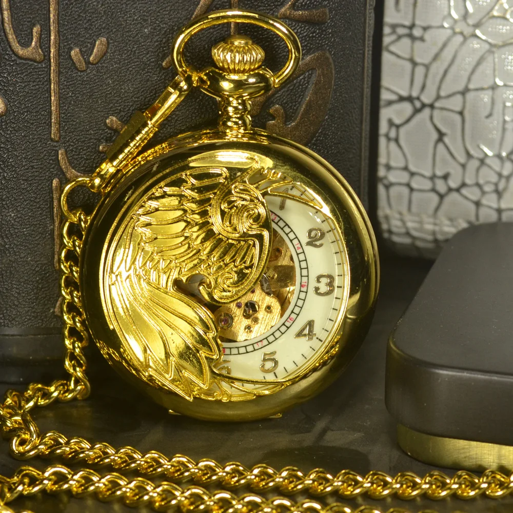 TIEDAN Skeleton Mechanical Pocket Watch Men Steampunk Luxury Antique Chain Necklace Business Casual Pocket & Fob Watches Gold