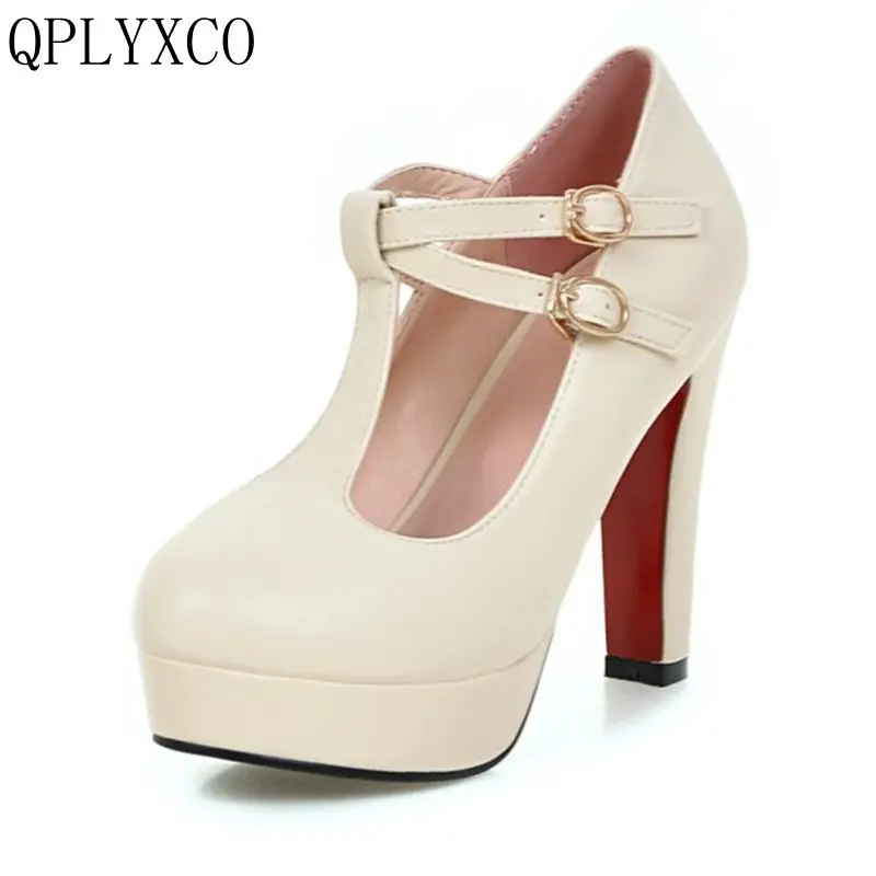 QPLYXCO 2017 Sale New Sweet Big size 32-43 women high heels shoes ladies fashion pumps round toe Party dance wedding shoes A11