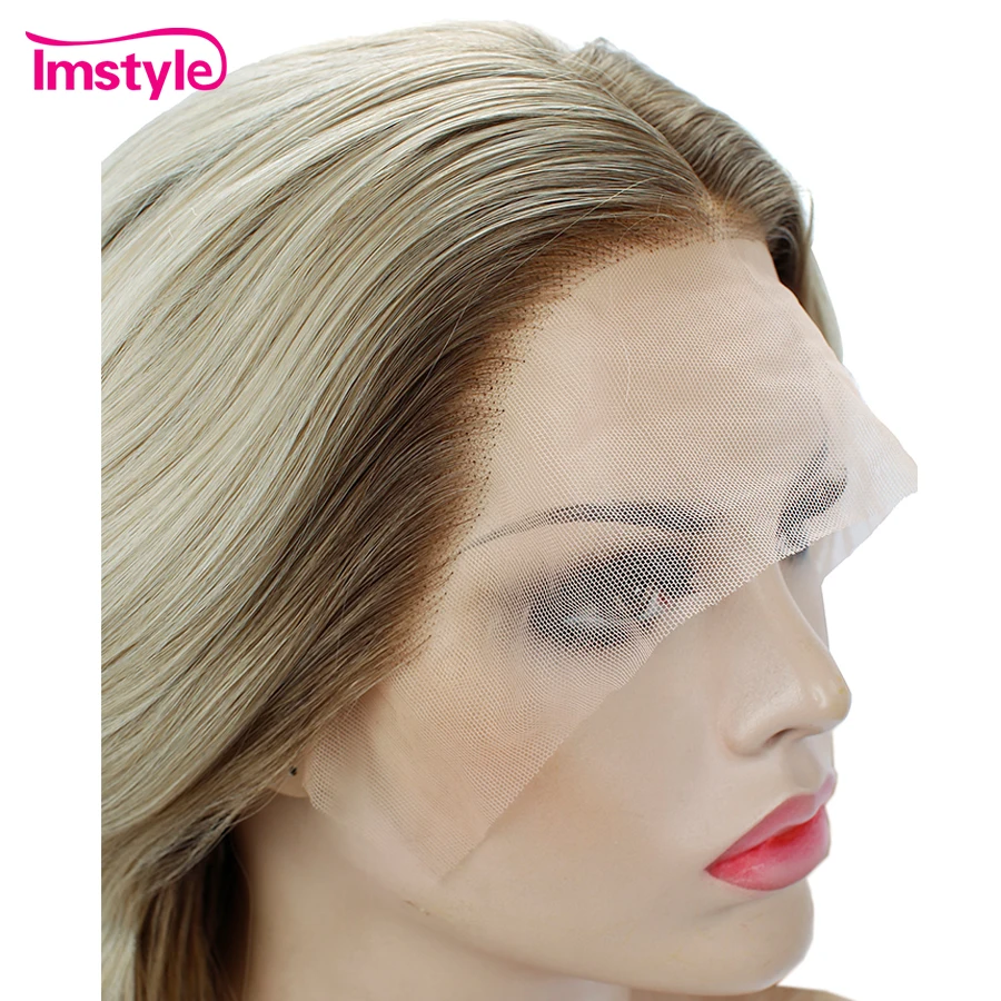 Imstyle-Peluca de cabello sintético con malla frontal para mujer, postizo largo con ondas al agua, fibra resistente al calor, Natural, color rubio degradado, uso diario