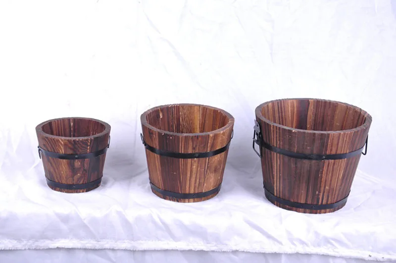 10set/lot Vintage Style Carbonized Wood Barrel Flower Pot Planting Wooden Succulent Planter Garden Home Decorations ZA4180