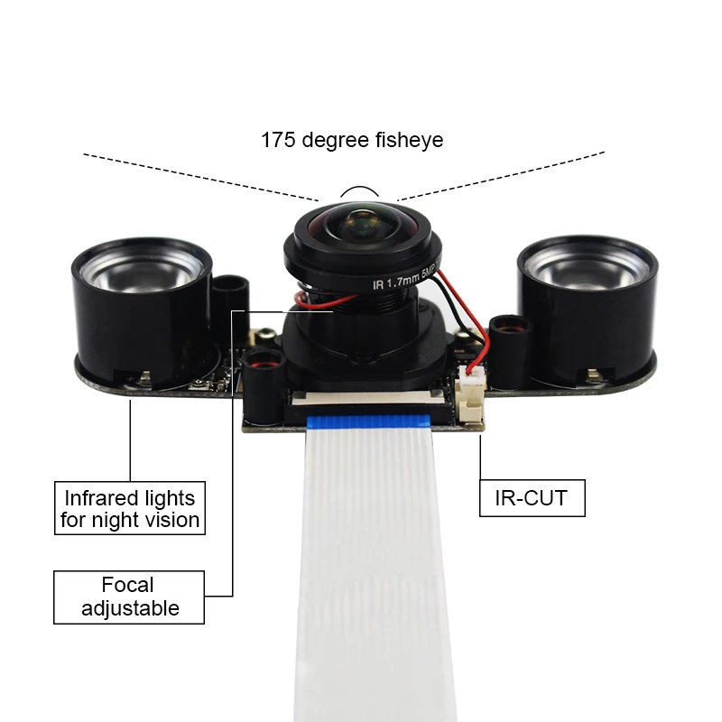 5MP Raspberry Pi 4 Camera OV5647 Fish Eye Focus Adjustable IR-CUT Night Vision Auto Switch Day-Night 175° Camera for RPI 4B 3B+