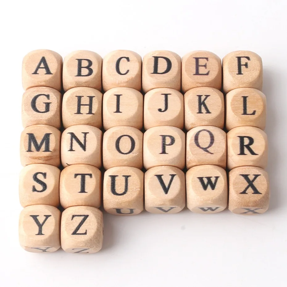 15PCS Baby Wooden Teether English Letter Beads Food Grade Wood Teether 15PCS 12MM DIY Nursing Necklace Children\'S Goods Toys