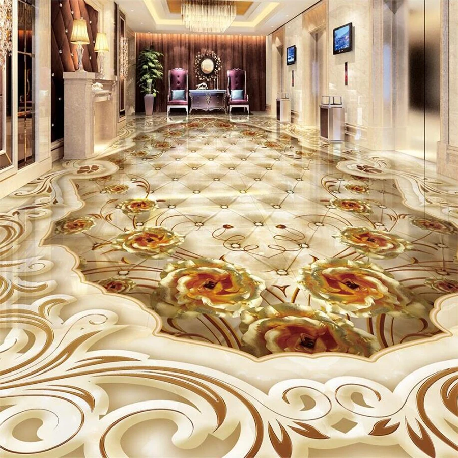 

beibehang Custom floor painting 3d living room corridor tile luxury aristocratic gold rose stone pattern mosaic 3D floor tiles