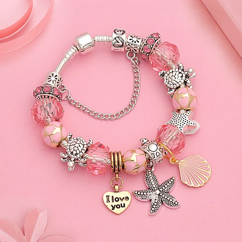 Hot Ocean Tibetan Silver Charm Bracelet Bangle for Women Romantic Pink Shell Crystal Bracelet Heart Turtle Beads Bracelets Gift