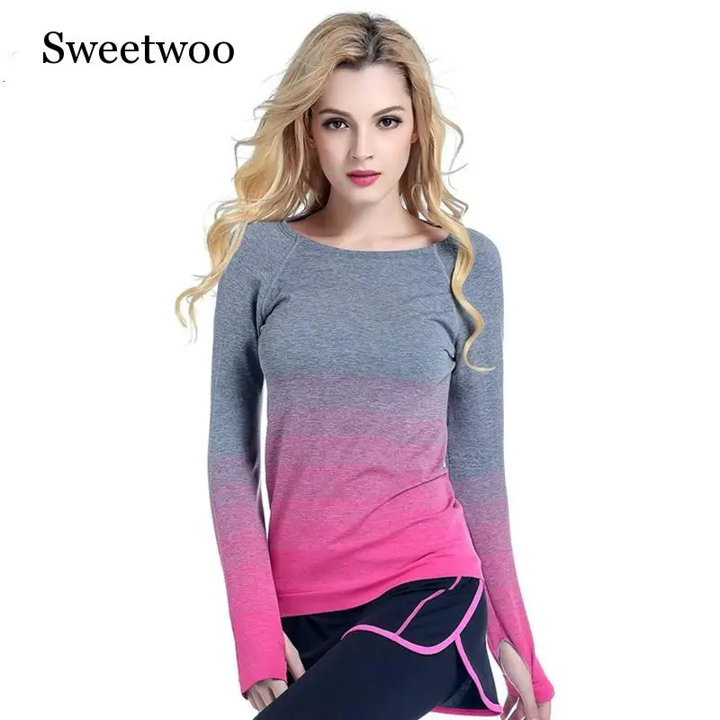 

Women Professional Yoga Sport Gradient Color T Shirt Long Sleeves Hygroscopic QuickDry Fitness Elastic T-shirt Women Top Shirts