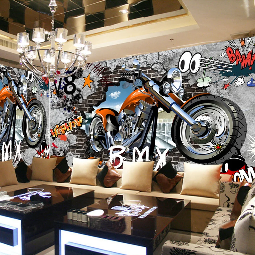 High Quality Custom Wall Murals Wallpaper Motorcycle Street Art Graffiti Mural Wall Decorations Living Room Modern Wall Painting