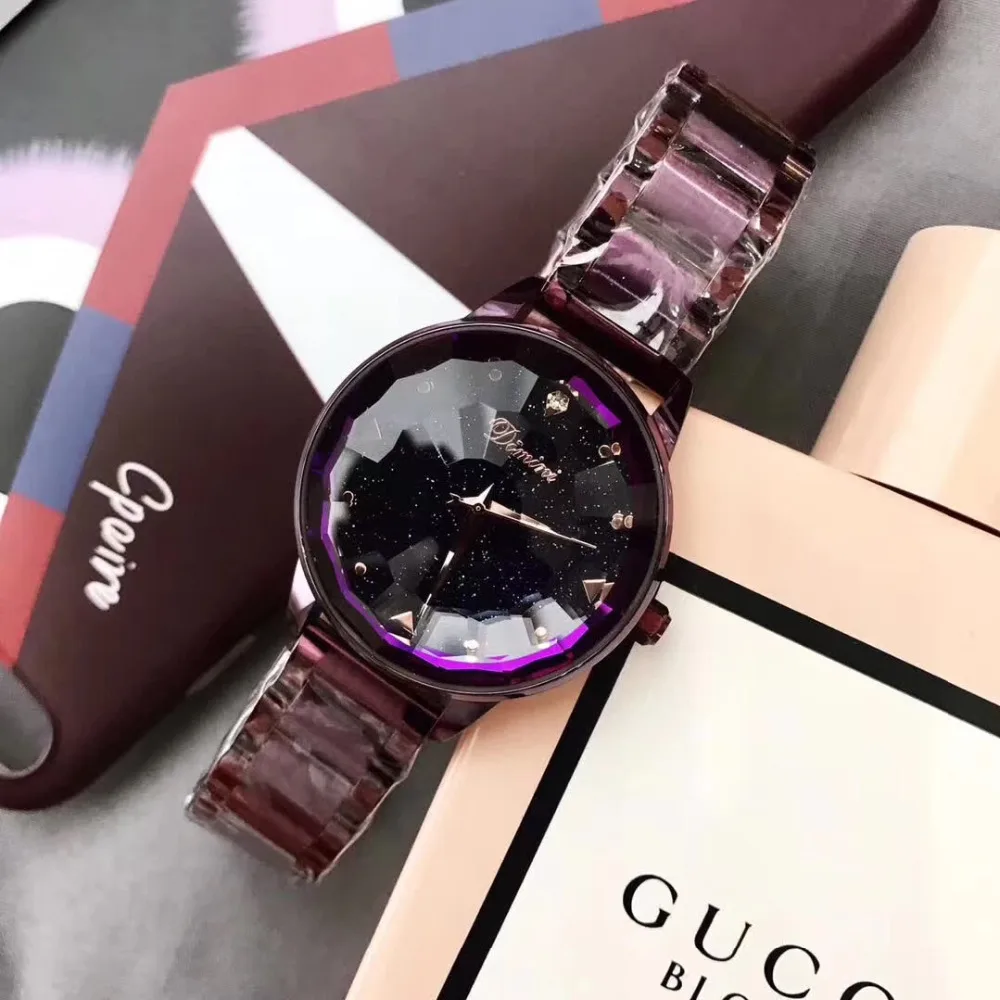 Brand Fashion Perfect Round Women Noble Purple Watches Full Steel Bracelet Watch Multi Faceted Glass Crystal Wrist watch Quartz