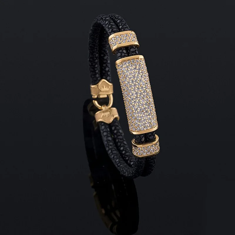 Beichong Black Stingray Leather With Rose Glod Clasp 316L Stainless Steel Leather Bracelet Bangle  with White zircon stone