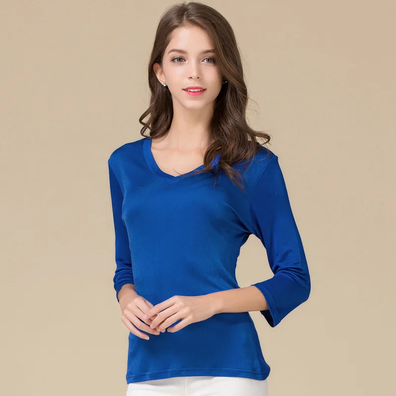 

New Double-sided Knitted Silk, V Collar, Seven Point Sleeve, T-shirt, 100% REAL Silk, Bottoming Shirt, Women's Clothing