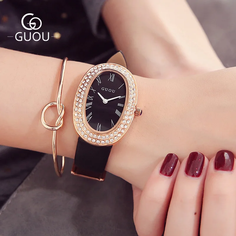 Fashion Guou Brand fashion Casual leisure ladies watch dial oval Rhinestone Belt quartz Bond girl wristwatches