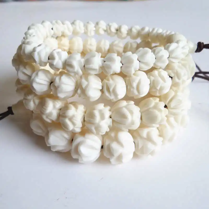 BB-224 Tibet White Yak Bone Hand Carved Padma Lotus Beaded Bracelet Stretch 8/10/12/14mm