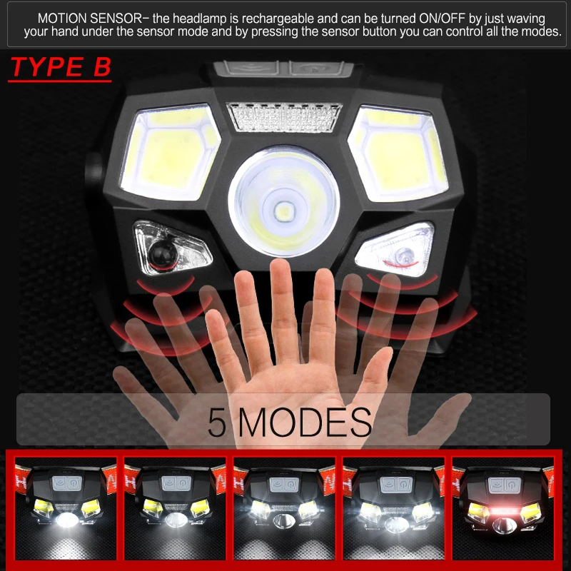 Powerfull High lumen LED Headlamp Rechargeable Body Motion Sensor Headlight Camping Flashlight Head Light Torch Lamp With USB