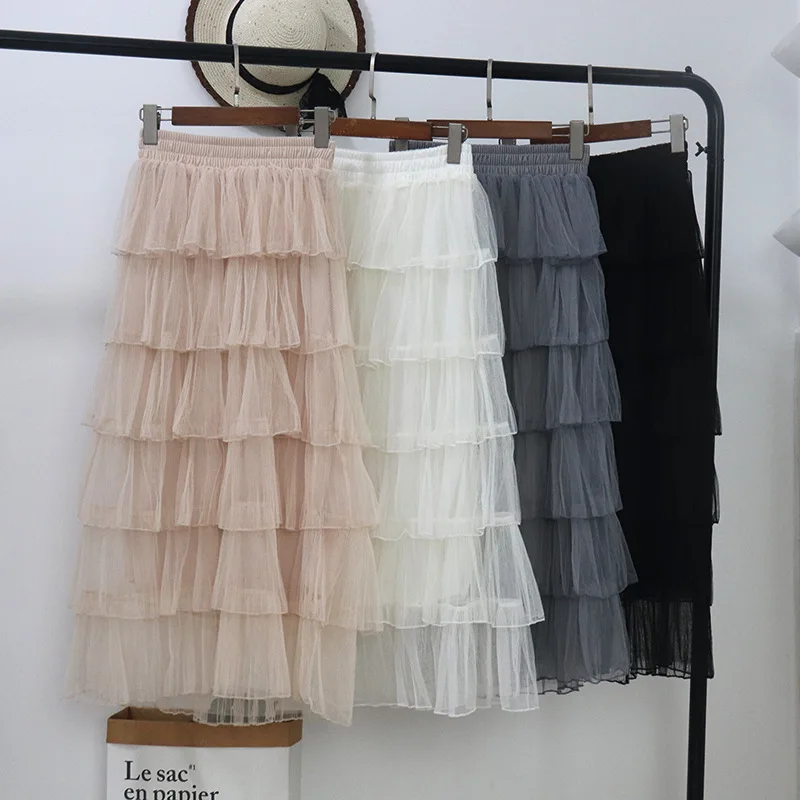 Zuolunouba 2019 New Summer Half-length Skirt Female Gauze Fairy Cake Skirt Women With High Waist Casual Lace Skirts Empire