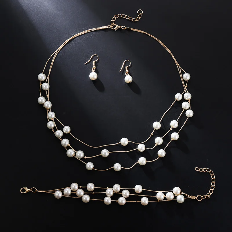 TREAZY 3 Layers Cream Simulated Pearl Jewelry Set for Women Necklace Earrings Bracelet Sets Bridal Wedding Jewelry Accessories