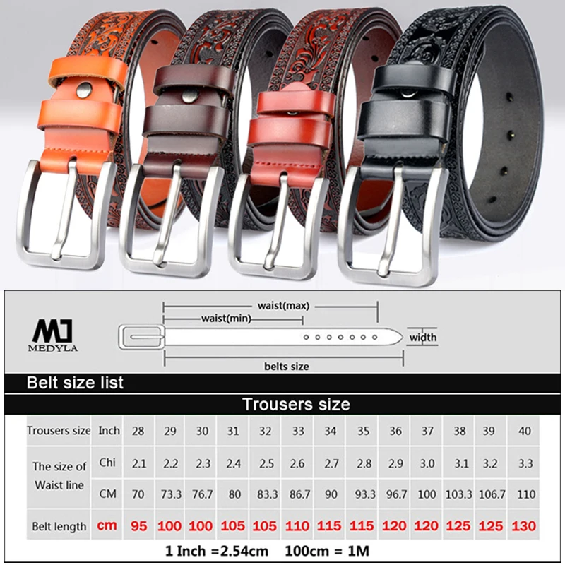 MEDYLA Belts For Men High Quality Cow Genuine Leather Embossing Belt Male Fashion Classic Vintage Pin Buckle Strap For