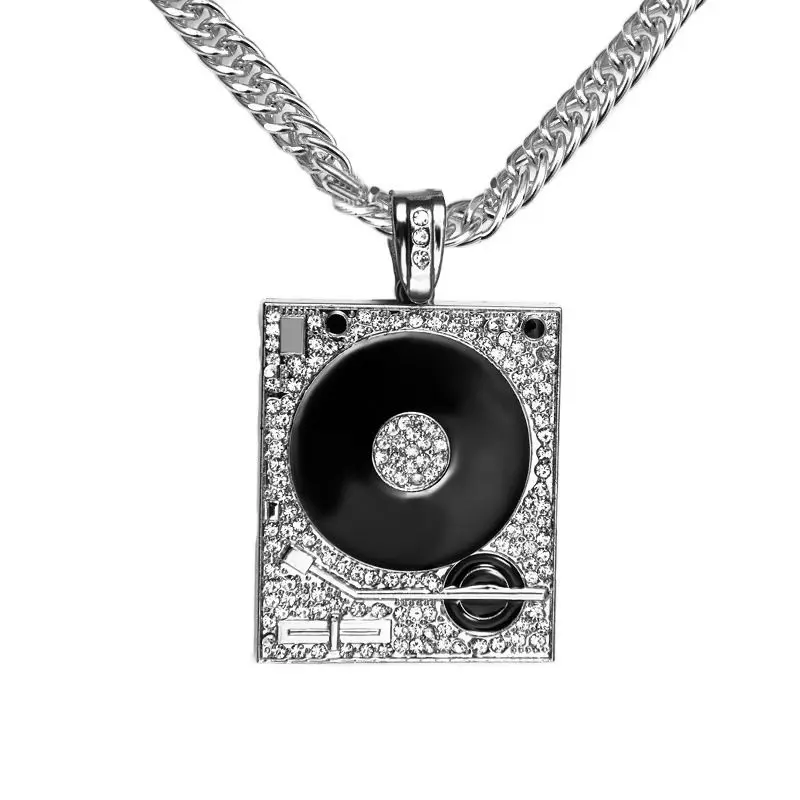 High Quality Gold Plated Hip hop Rapper Nightclub DJ Phonograph Round Square Crystal Pendants Necklaces 80cm Long Jewelry