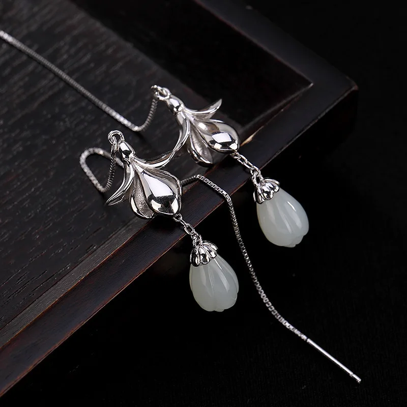 

pure925 silver restoring ancient ways is hetian jade magnolia flower personality lady Mosaic eardrop ear wire earrings