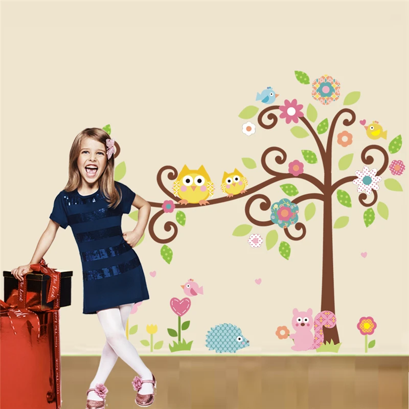 Cute Owlets On Floral Tree Wall Stickers For Kindergarten Kids Room Home Decoration Diy Cartoon Owls Animal Mural Art Pvc Decal