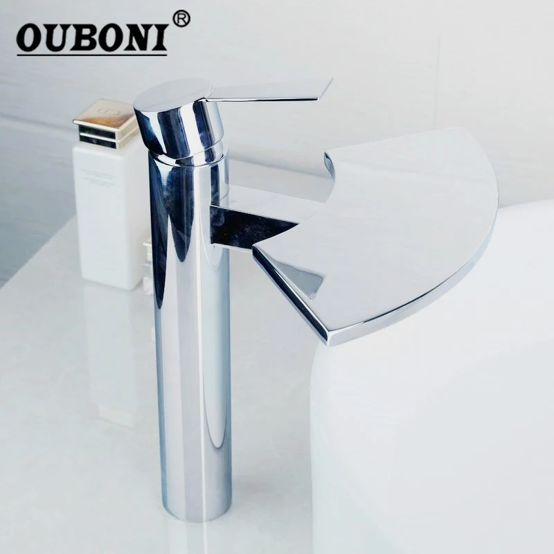 

OUBONI Chrome Polish Bathroom Mixer Faucets Tap Solid Brass Waterfall Spout Basin Taps Bathroom Faucet Hot Cold Mixer