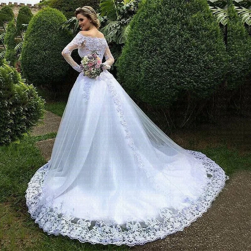 Vestido de noiva jardim vestido de casamento manga cheia renda robe de noiva personalizado