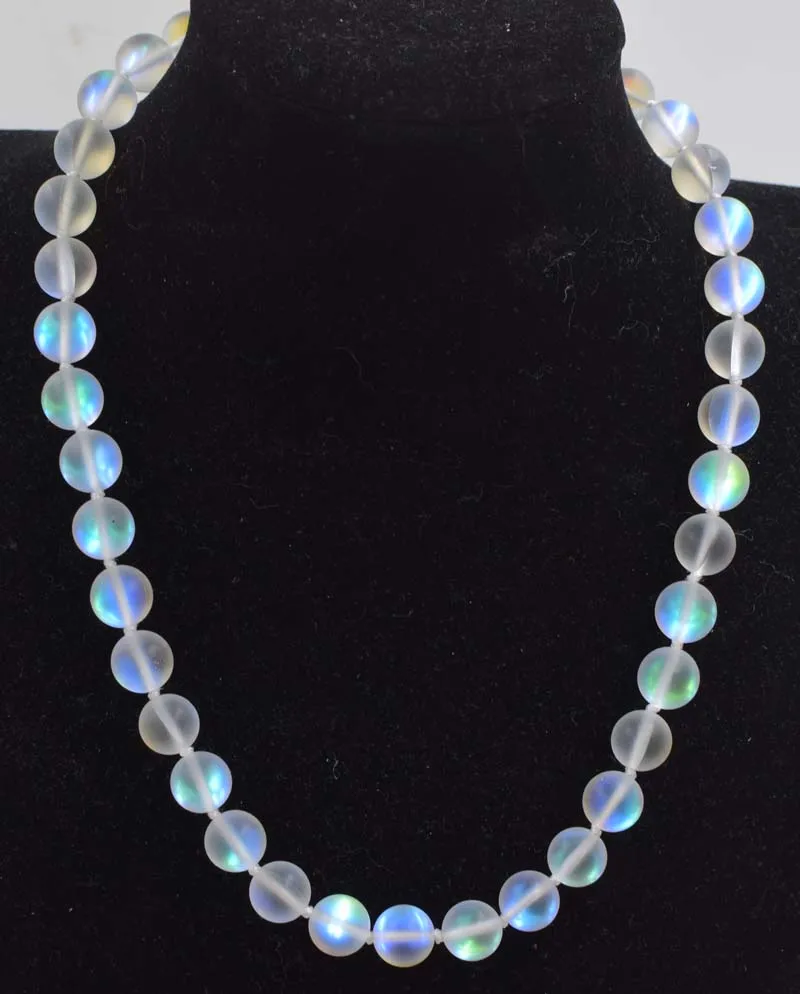 wow!blue rainbown  white  moonstone blurry round 6/8/10/12mm necklace  17inch wholesale beads  FPPJ