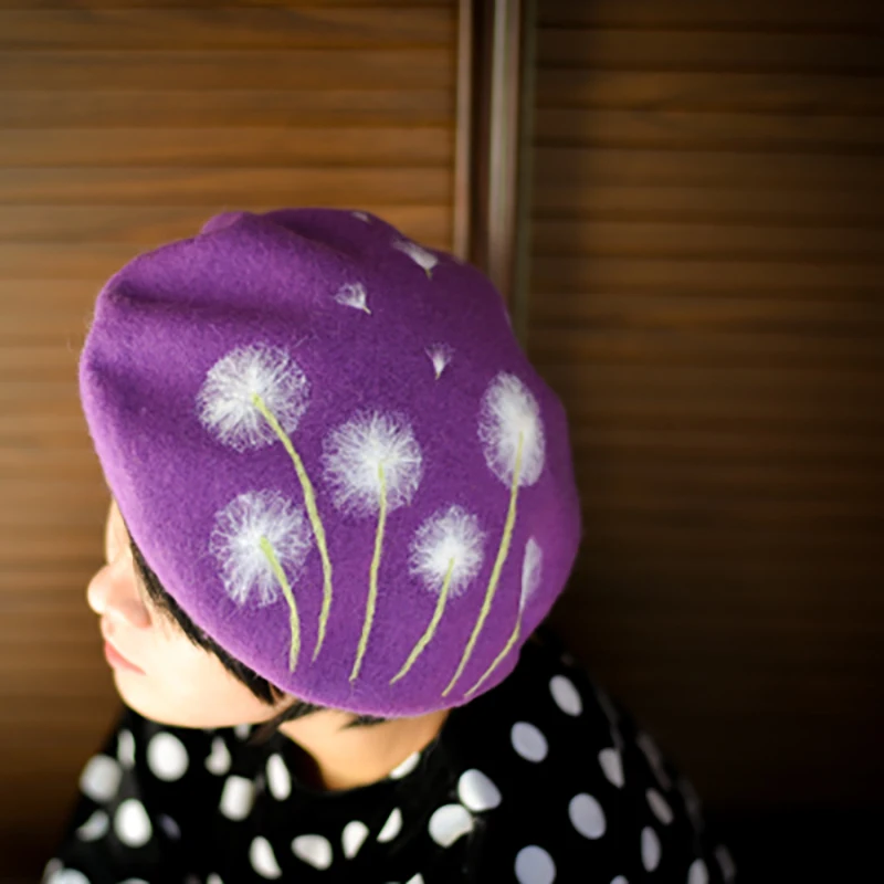 Faramita Holiday Purple Dandelion Romantic Plant Women Manual Wool Beret Originality Decoration Hat Cap Novelty Girls Berets