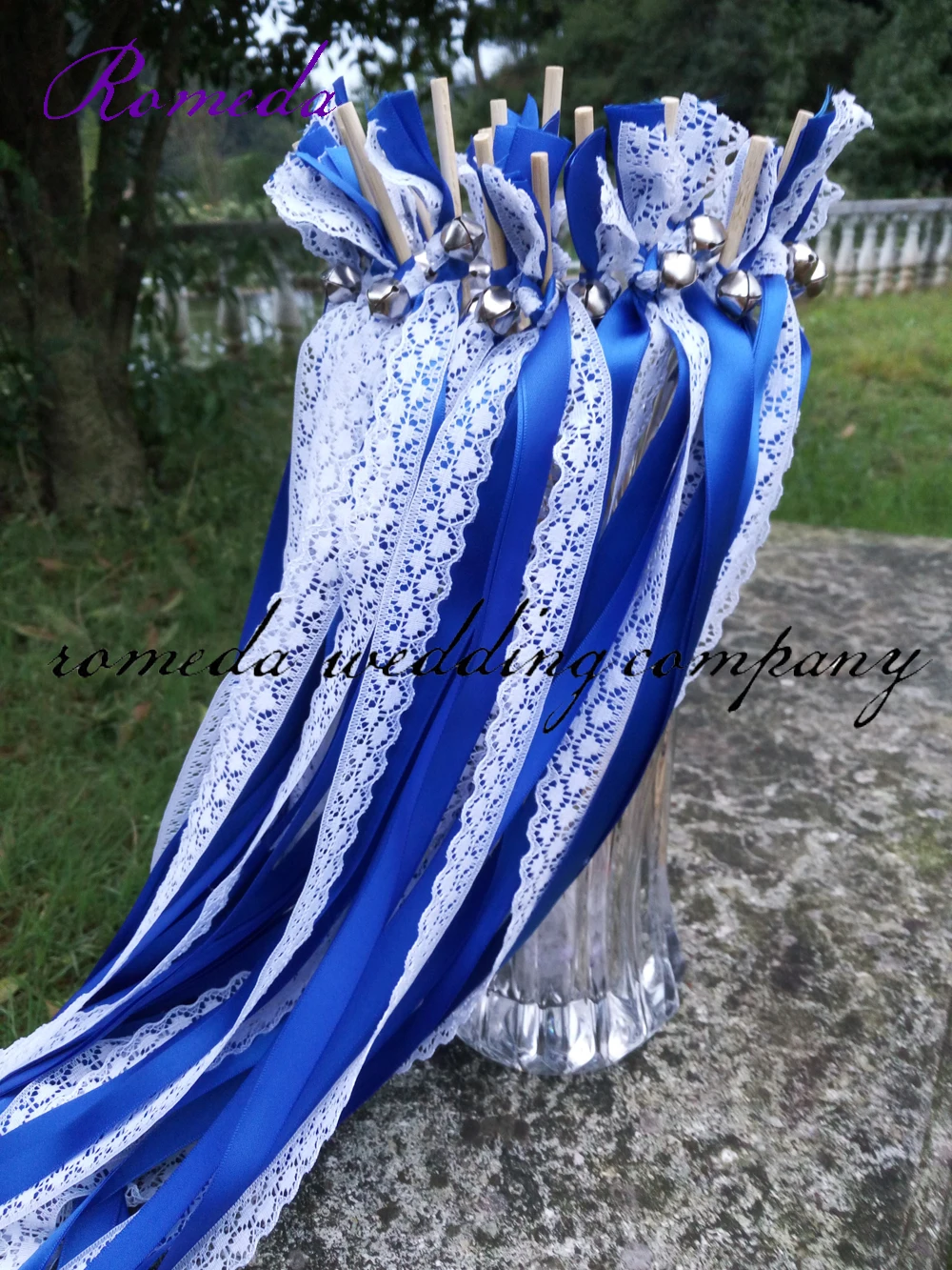 FREE SHIPPING--50pcs of  Stye D LACE  Dark blue and light blue Ribbon Wands, Twiring Stream Ribbon Sticks Wands with Bells