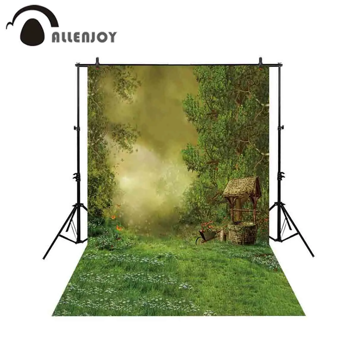 Allenjoy backgrounds for photography studio village garden flower lawn old well wheelbarrow green jungle backdrop photocall