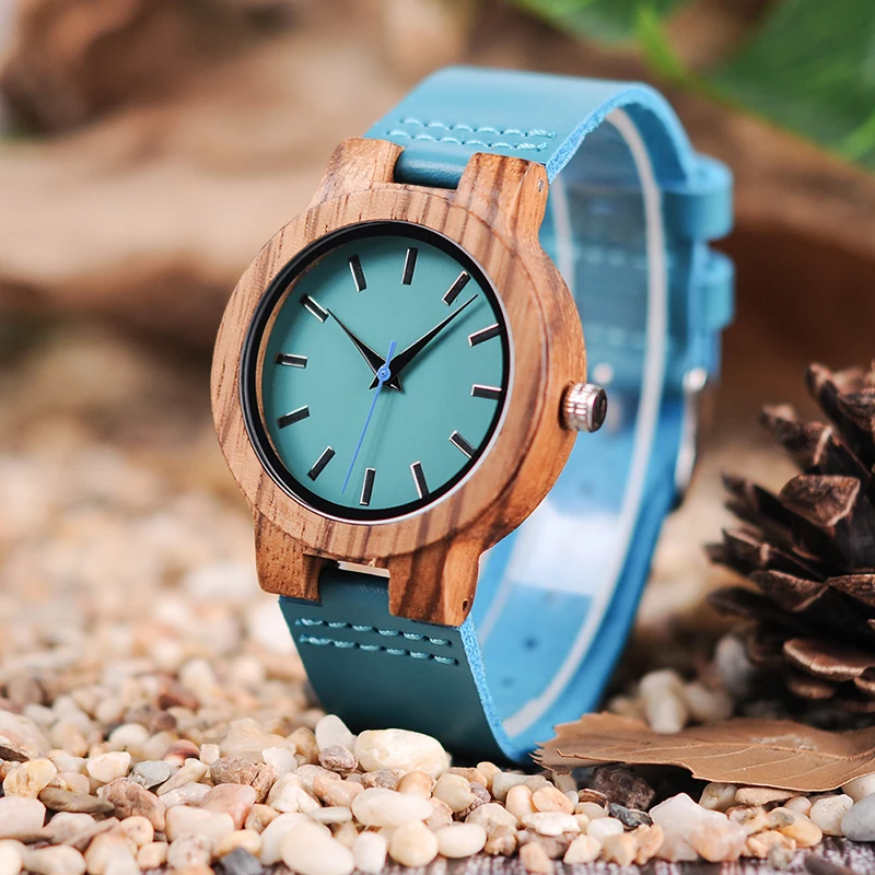 BOBO BIRD Couple Watch Wood Watch Turquoise Blue Ladies Timepiece Wristwatch Birthday Gift in Box Anlaogue Display Relogio J-C28