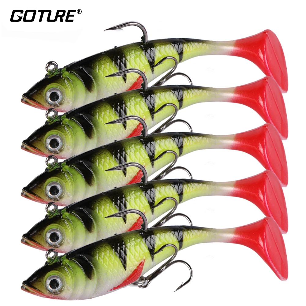 

Goture 5pcs/set Soft Fishing Lures 11g 8cm Silicone Swimbait Wobblers 3D Eyes Lead Head 8# Treble Fishing Hook Fake Lure Baits