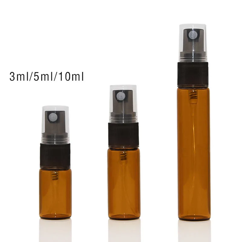 600pcs/lot Amber Glass Bottle 3ml 5ml 10ml With Black Fine Mist Pump Spray For Essential Oil Perfume Aromatherapy