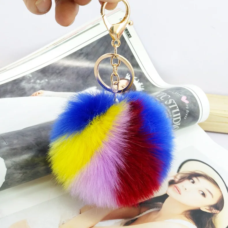 Fashion hair ball Keychain 9cm Colour Faux Fur Pompom Pendant Key Chain new Lovely Key Holder female Bag Charm Accessories K1679