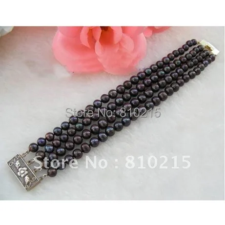 

Stunning 4 Rows AA 7-8MM Round Shaper Black Color Genuine Freshwater Pearls Bracelet Fashion Pearl Jewelry New