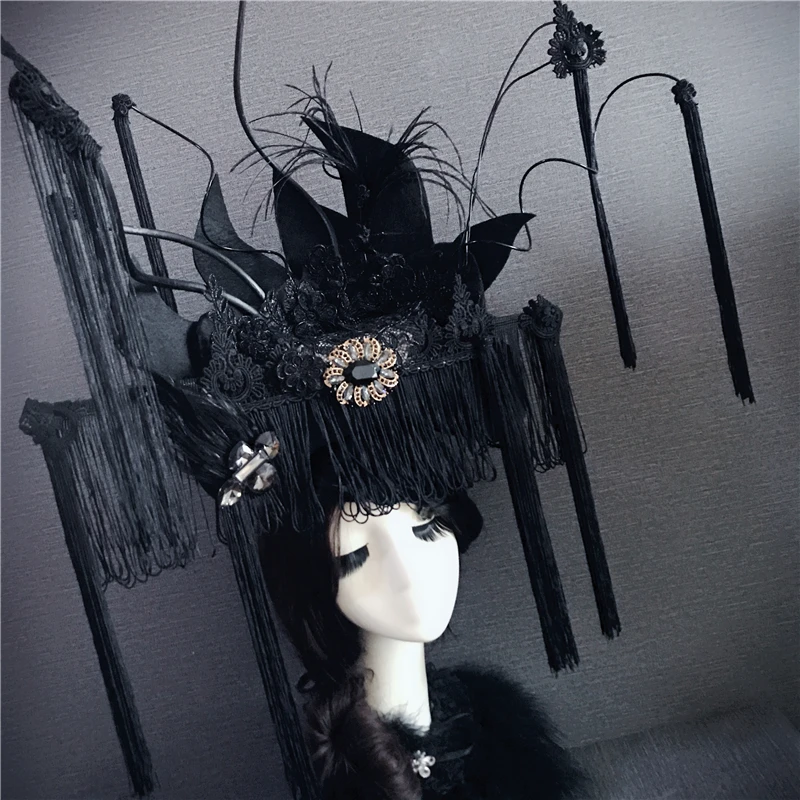 Exaggerate Personality Perform Show Model Hair Tiara Zombie Queen Black Demon Mori Horrible Hat Halloween Party Cosplay Headwear