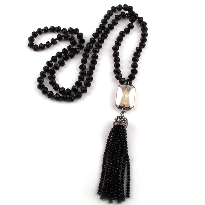 Fashion Bohemian Jewelry Glass Long Knotted Rectangle Crystal Link Tassel Necklaces For Women