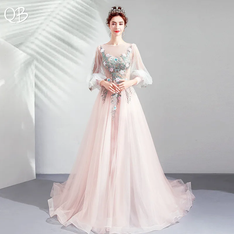 A-line Long Sleeve Tulle Flowers Appliques Elegant Pink Evening Dresses 2020 New Fashion Bride Party Prom Dress XK201