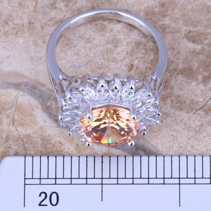 Superb Champagne Morganite White CZ Silver Plated  Women's Ring Size 6 / 7 / 8 / 9 R0821