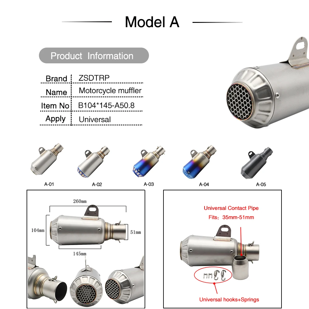 ZSDTRP 51mm Universal Motorcycle ATV Frosting Stainless Steel Exhaust Pipe Muffler for Honda GY6 CBR125/250 CB400/600 YZF FZ400