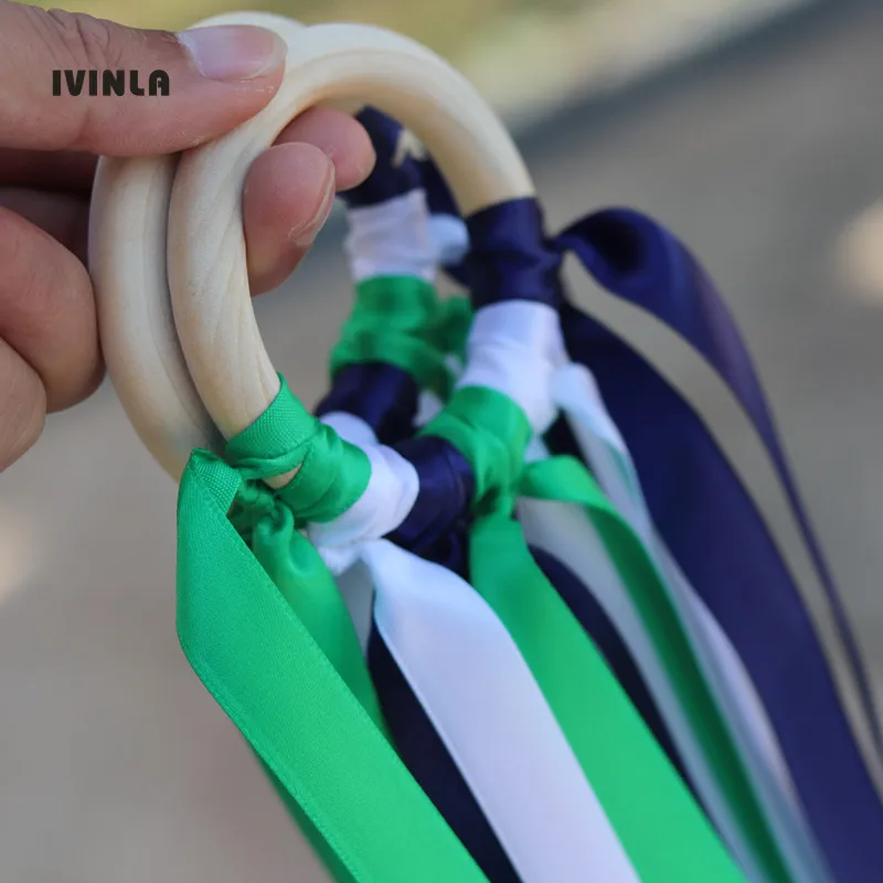 20pcs/lot Navy and Green Wooden Ring Waldorf Ribbon With Bell Hand Kite Toy FLY ME Birthday Party Favors