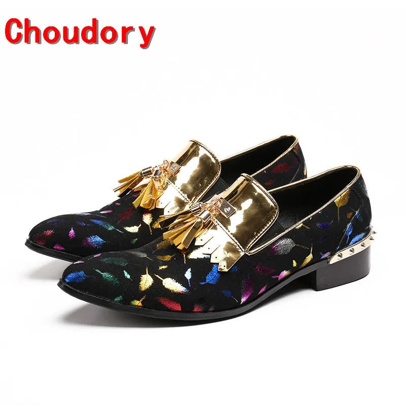 

Choudory mens italian leather shoes classic gold tassel dress shoes men slipon velvet black spiked loafers elegant prom shoes