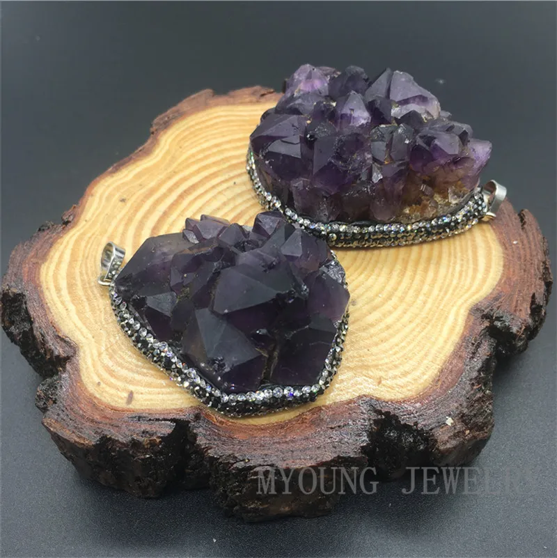 

Freeform Large Raw Amethysts Nugget Purple Crystal Druzy Pendant With Rhinestone Paved edges For Necklace MY1310