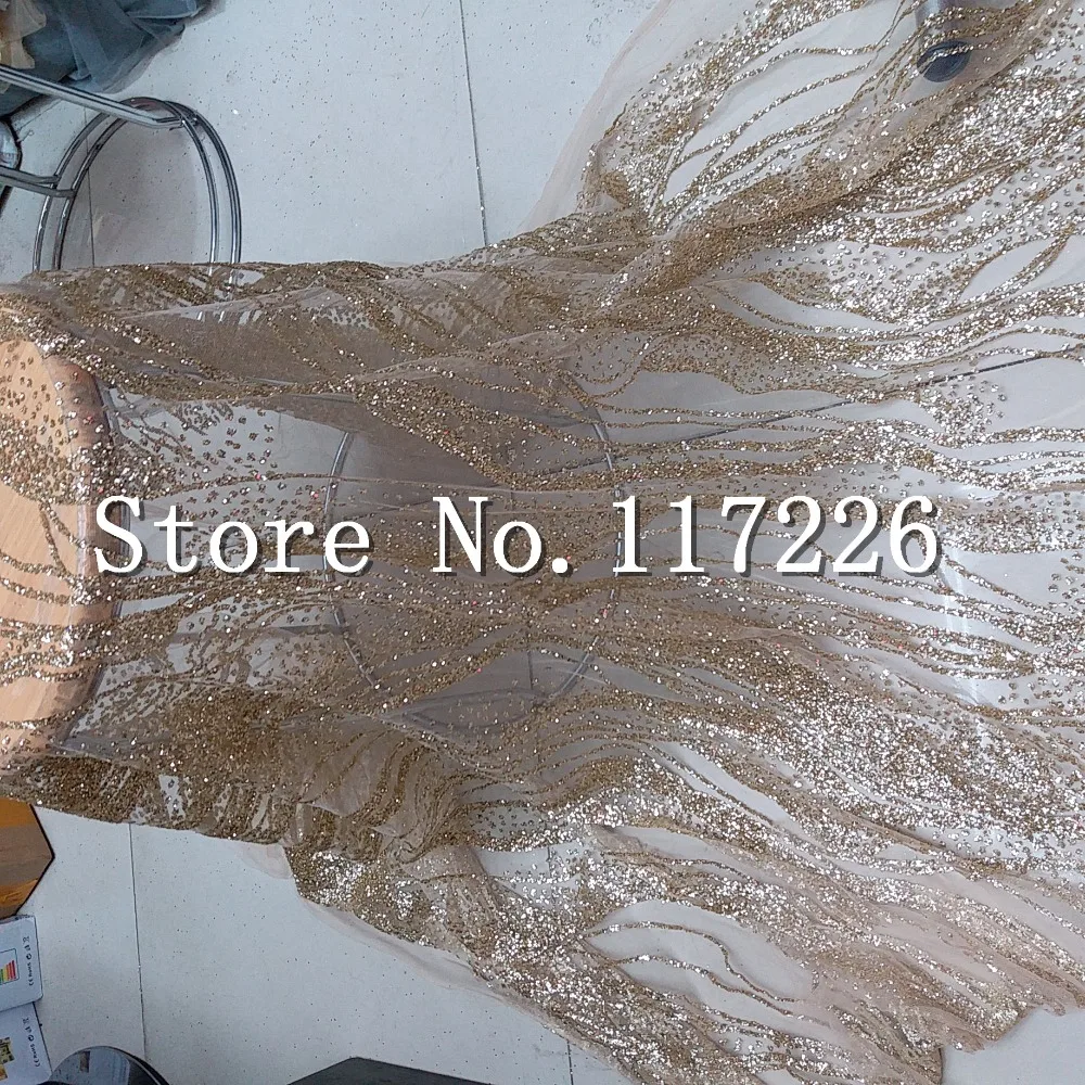 

Hot selling glued glitter lace fabric high quality African French net tulle Lace Fabric in gold color