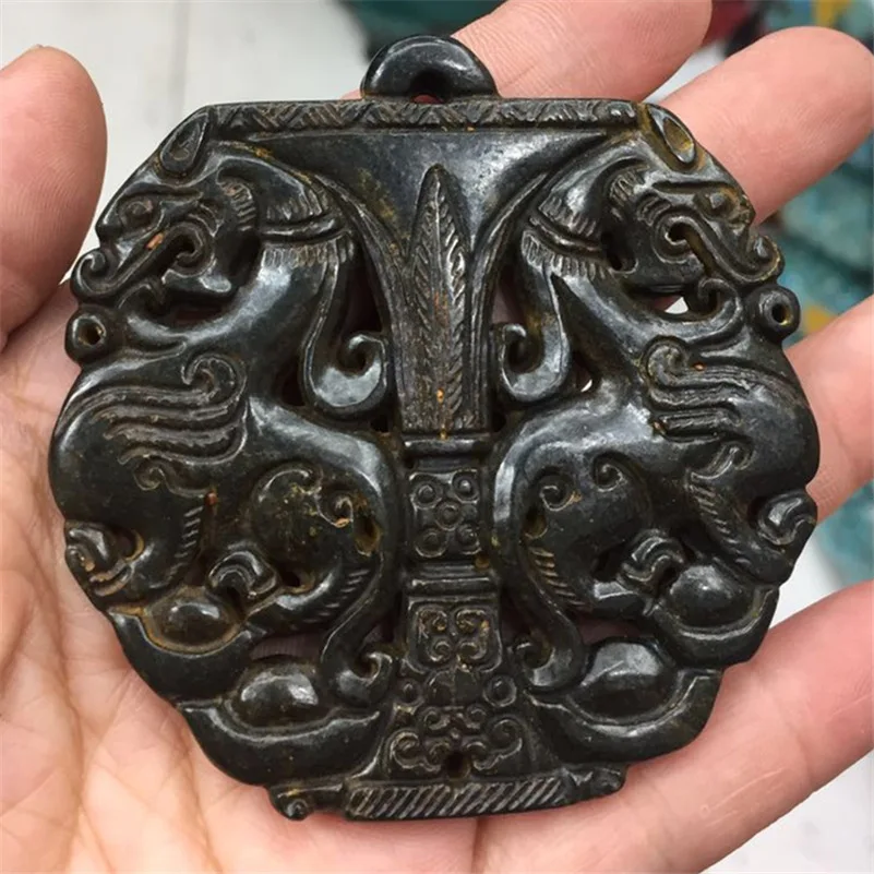 Charms Traditional Asia Ancient Vintage Sculpture Carving Art Pattern Black Semi Precious Stone Pendant For Necklace DIY Jewelry