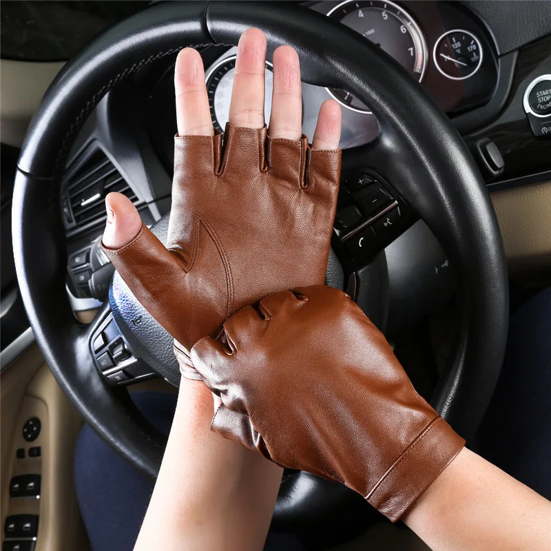 Men\'s Half Finger Leather Gloves Men\'s Driving Fingers Goat Leather Gloves NAN43-5