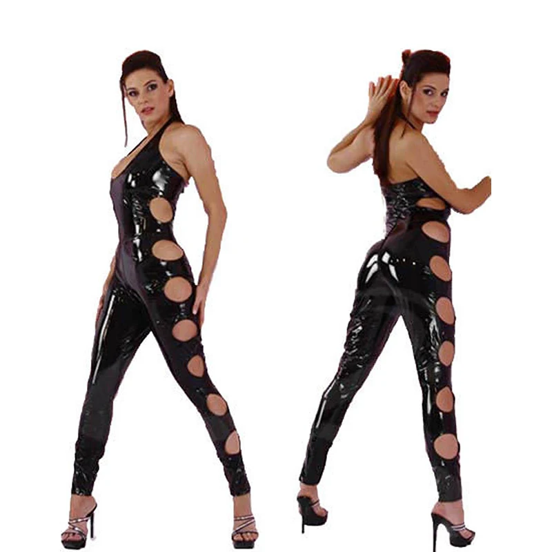 Wetlook Black Catsuit Long Length Hollow Out Halter Backless Skinny Overalls Exotic Club Wear Women Sexy Vinyl Jumpsuit W161150