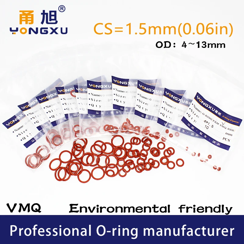 10PCS/Lot Red Silicone Ring VMQ O-Ring CS1.5mm Thickness OD4/5/6/7/8/9/10/11/12/13*1.5mm O Ring Seal Rubber Gasket Rings Washer